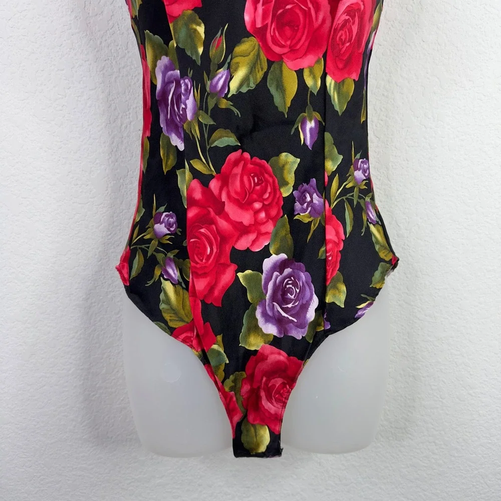 Victoria's Secret Bodysuit P Black Silk‎ VTG Floral Rose Romantic Coquette Teddy